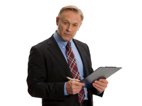 Confident mature businessman reviewing documents carefully pen on transparent background