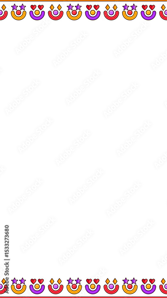 Poster flat design repeating border showing multicolor diamonds hearts arches stars on transparent canvas