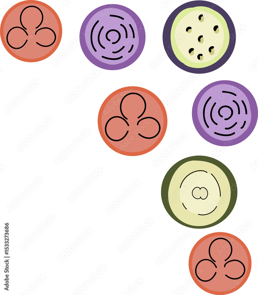 Poster seven flat design circular icons are floating on transparent background, showing abstract patterns