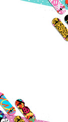 Flat skateboard decks are featuring patterns framing center on transparent background, copy space