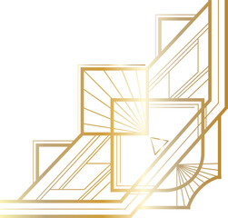 Art deco corner is showing metallic gold lines, squares and fanburst over transparent background