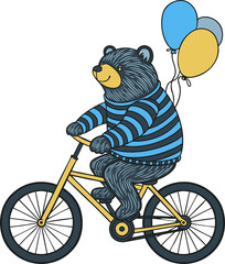 Hand-drawn bear wearing blue sweater is riding yellow bicycle with balloons, transparent background