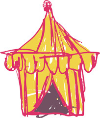 Flat design is showing circus tent, yellow roof, pink scalloped trim, transparent background