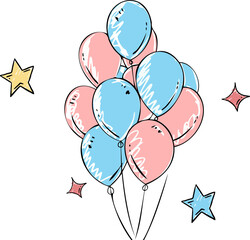 Fototapeta premium hand-drawn art is showing pastel pink-blue balloons, black strings and stars on transparent bg