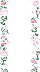 Flat doodle border is framing and featuring food drink icons on transparent background, copy space