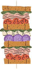 Wooden skewer is showing flat design with layered sandwich ingredients on transparent background