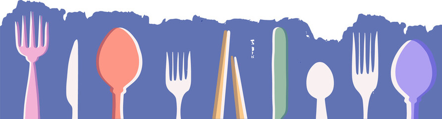 Showing lineup of flat cutlery on transparent background highlighting pink fork coral spoon