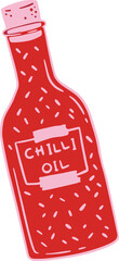 Cartoon chili-oil bottle is featuring pink label, cork stopper, sprinkles on transparent background