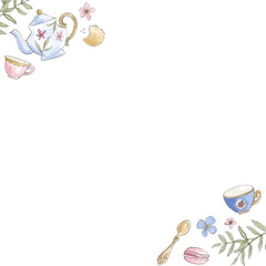 Watercolor tea set is showing teapot, floral teacups, sweets and leaves on transparent background