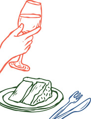 Line-art hand is holding stemmed glass above cake slice with fork and knife, transparent background