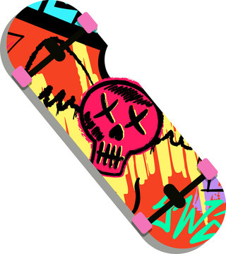 Fototapeta Flat deck design is featuring graffiti pink skull with yellow drip on clear background, copy space