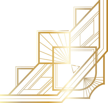 Art deco corner is showing metallic gold lines, squares and fanburst over transparent background