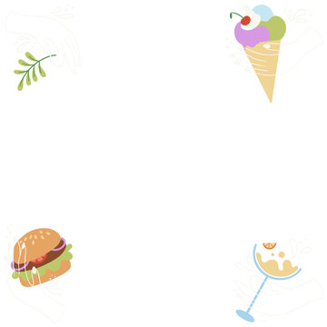 Naklejki Flat transparent graphic showing four hands holding olive branch, ice cream cone, burger, cocktail