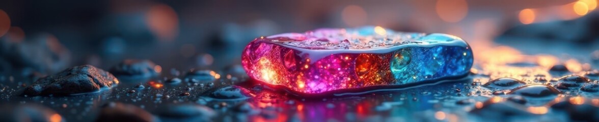 Glossy stone shaped like a rainbow dash, water droplets, still life, iridescent, illustration