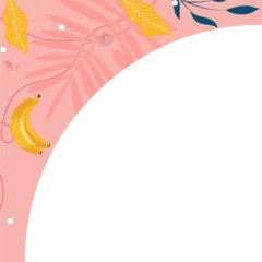 Gardinen Flat tropical border is showing blush pink with golden leaves navy accents bananas on clear canvas © vectorfusionart