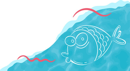 Showing stylized cartoon fish floating over blue water with red ribbons on transparent background
