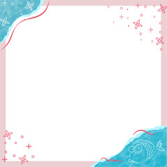 Fototapeta premium Flat design frame showing pink border, blue strokes, white doodles, fish on clear layer, copy space
