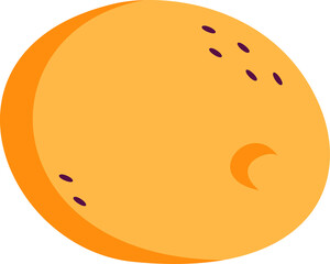 Flat design orange sphere is floating on transparent background with purple spots, shaded crescent