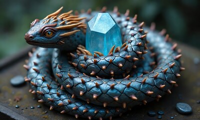 A fantasy creature&rsquo;s shed skin, shimmering with iridescent scales, coiled around a hexagonal crystal.