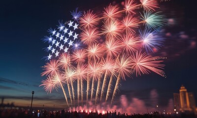Spectacular fireworks display at night red white blue bursts