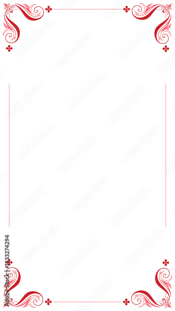 Poster ornate red border featuring corner scrollwork and thin lines on transparent background, copy space