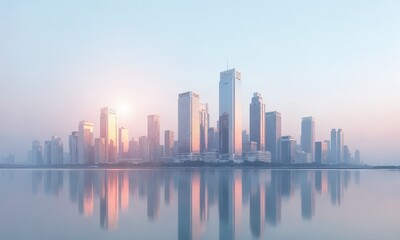 Naklejka premium A minimalist mirrored cityscape at dawn, where glass towers reflect soft pastel hues and serene water below.