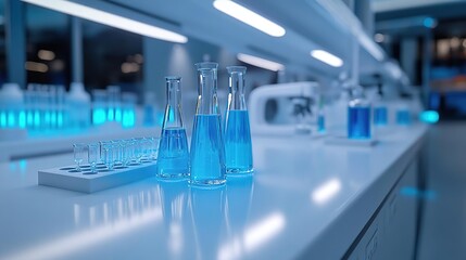 several glasses and beakers on a counter in a lab