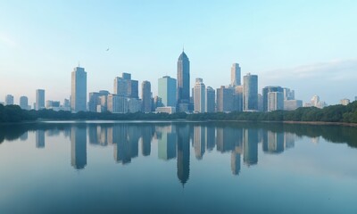 A serene mirrored cityscape over a calm lake, where glass buildings merge seamlessly with their reflections in the water.