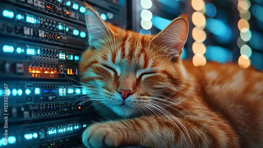 Poster adorable ginger cat sleeping on server racks with technology and bokeh lights.