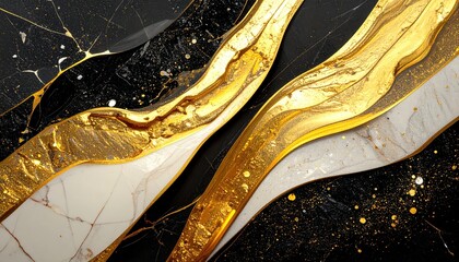 Abstract Gold Marble Texture Art Black and White Swirls with Glitter