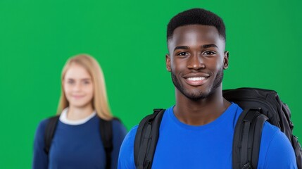 Smiling Man with Backpack, Woman in Blurred Background, Green Screen Studio Portrait