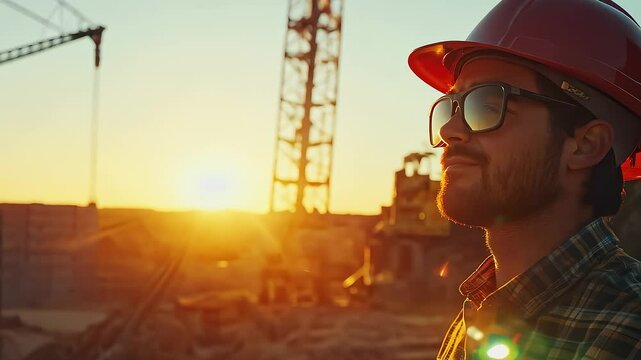Construction personnel on site at sunset