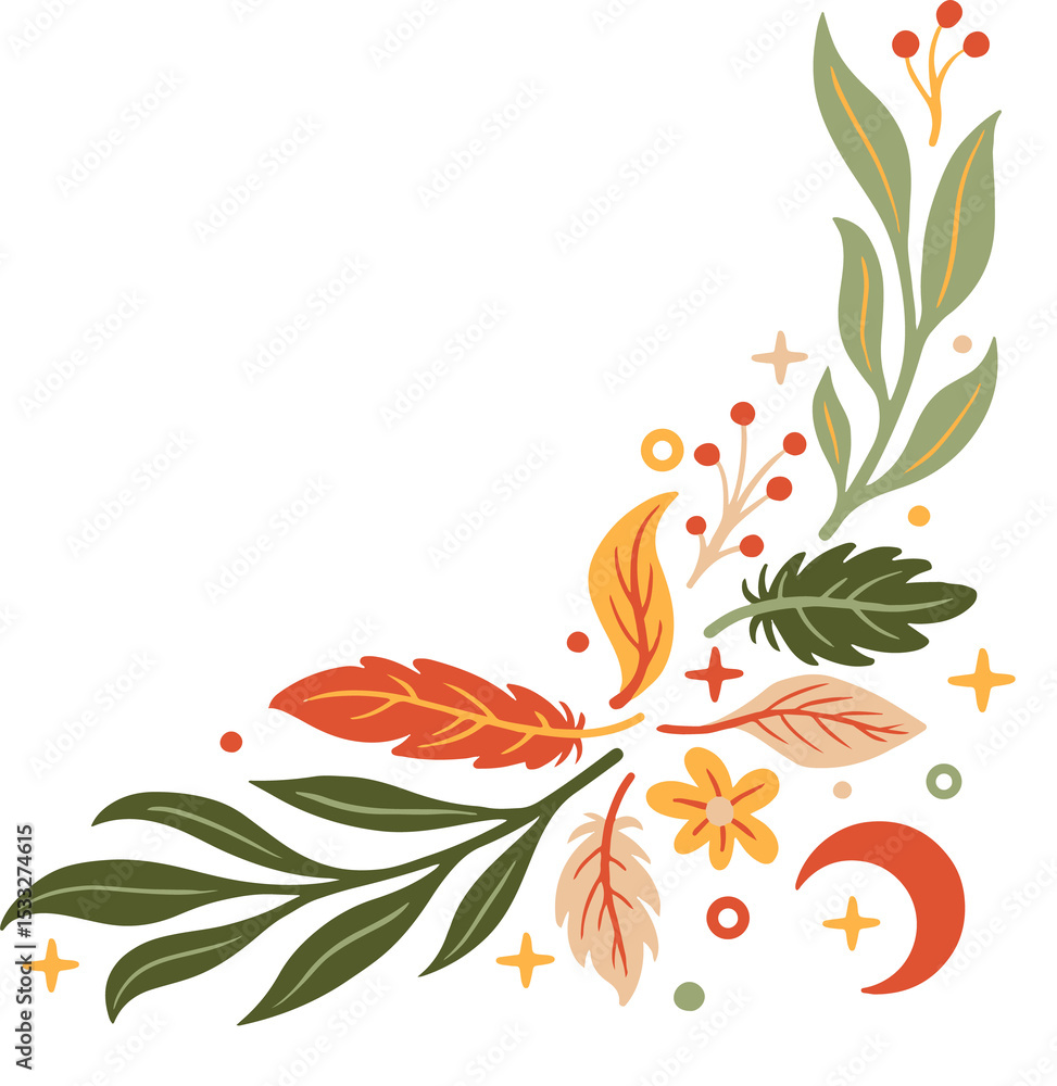 Poster abstract vector motif is forming corner with leaves berries moon sparkles on transparent background