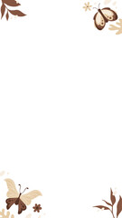 Ornate corners are forming flat border on clear background with butterfly, leaf motifs, copy space