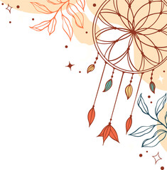 Abstract dreamcatcher illustration is floating on clear background with hanging leaves, stars, moon