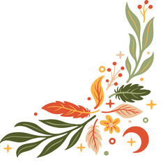 Abstract vector motif is forming corner with leaves berries moon sparkles on transparent background