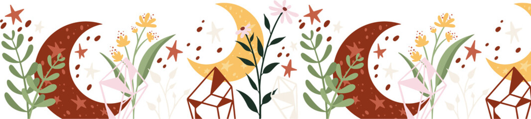 Fototapeta premium Repeating celestial botanical border showing moons and stars, crystals, florals on transparent can