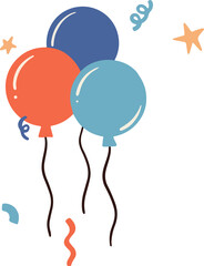 Floating vector balloons in coral red sky blue navy blue with confetti on transparent background