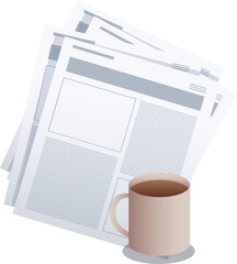 Vector illustration showing newspaper stack and coffee mug casting shadow on transparent backdrop