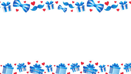 Fototapeta premium Flat design border is showcasing blue bows, striped boxes, hearts on transparent canvas, copy space