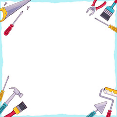 Vector showing dark panel framing tools like handsaw, roller on transparent background, copy space