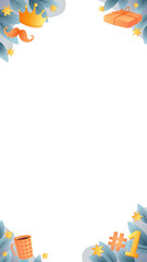 Fototapeta premium Festive vector frame is featuring sprigs, gold stars, orange icons on transparent bg, copy space