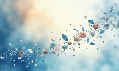 A watercolor painting of delicate molecules drifting like leaves in a tranquil, abstract space.