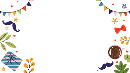 Festive border is showing flat icons on transparent background with gift, coffee, flags, copy space