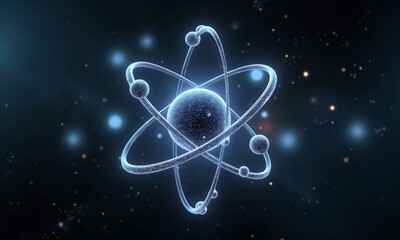 A high-tech holographic display of rotating atoms with sleek metallic accents and light trails.