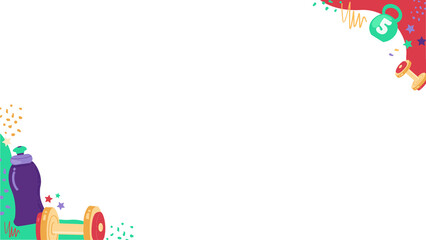 Fitness corner frame featuring bottle, weights, stars, streamers, transparent background