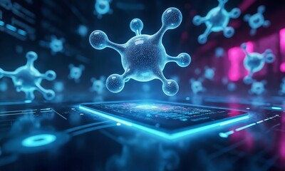 A futuristic lab scene with floating molecular models and digital interfaces, glowing in cyan and purple.