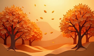 Tiered paper trees in warm orange and brown tones, falling leaves with delicate veins, soft backlighting for depth.
