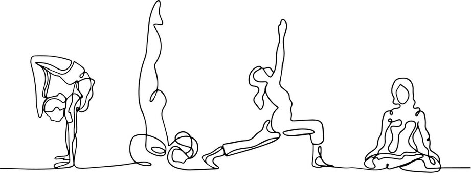 Fototapeta Yoga silhouettes are showing flow in single-line illustration with four stretch poses, transparent