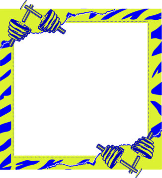 Fototapeta Flat fitness frame is showing torn edges, zebra stripes, dumbbells, transparent, copy space